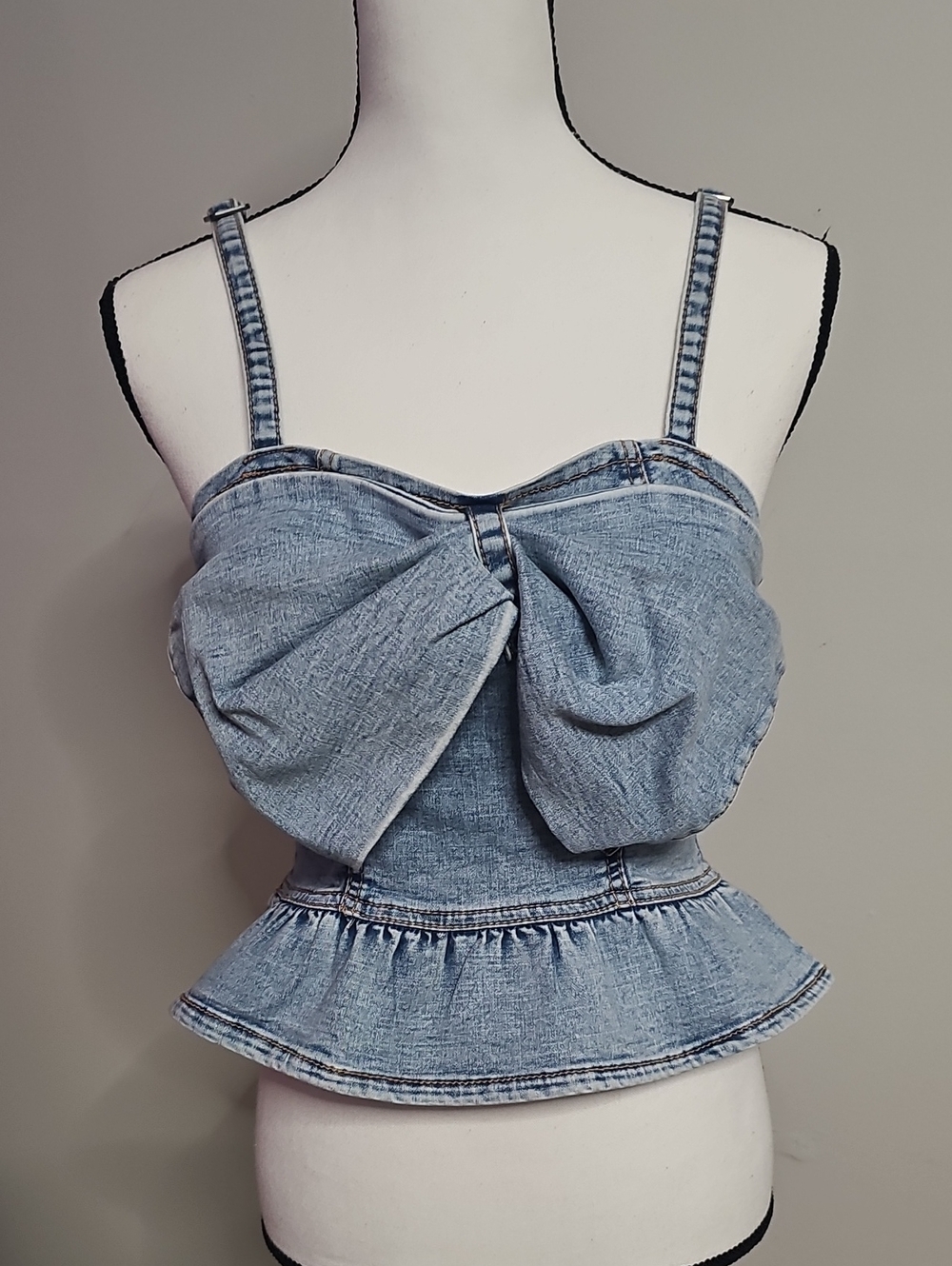 Denim Bow-Front Peplum Crop Top - Light Blue